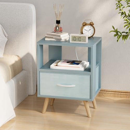 Huhote Kids Nightstand, 2-Tier Night Stand with Charging Station and Drawer, Modern Side Table for Bedroom, Study Room, Small Spaces, Blue - color: Blue, size: 2-Tier with Charging