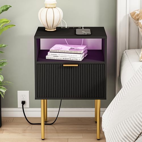 Modern Nightstand with Charging Station and LED Lights, Black Nightstand with Drawer, Fluted Nightstand for Living Room, Bedroom - color: Black