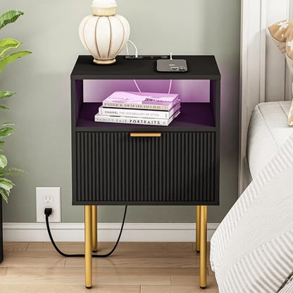 Modern Nightstand with Charging Station and LED Lights, Black Nightstand with Drawer, Fluted Nightstand for Living Room, Bedroom - color: Black