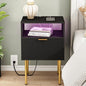 Modern Nightstand with Charging Station and LED Lights, Black Nightstand with Drawer, Fluted Nightstand for Living Room, Bedroom - color: Black