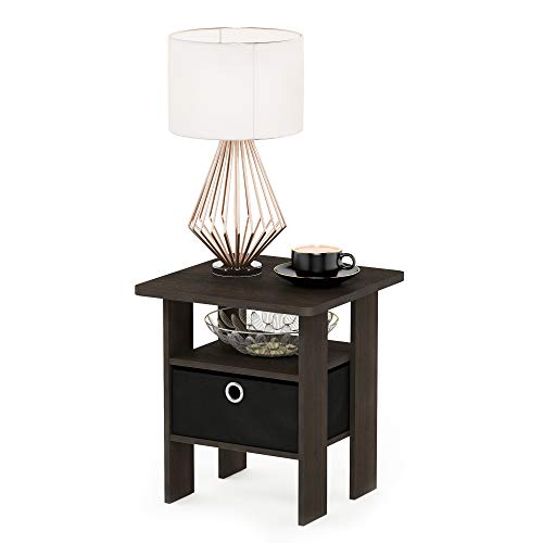 Furinno ANDREY Square Side Table, End Table, Night Stand, Dark Brown | Open Shelves and Storage Bin, Bedside Table, for Living Room, Bedroom - color: Dark Brown/Black, size: 1-Pack, Center Bin