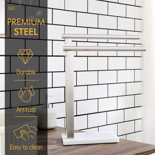 KOKOSIRI Hand Towel Holders Standing Towel Bars 2-Tier with Marble Base for Bathroom Vanity Countertop, Brushed Stainless Steel 15.7'' Height THS0007-BR - color: Brushed Nickel, size: 2-Bar