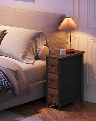 CHOEZON Narrow Side Table with 3 Fabric Drawers, Industrial Slim Bedside Table for Small Spaces, Bedroom, Living Room, Dormitory, Rustic Brown and Black TBZ09BF - color: Rustic Brown + Black