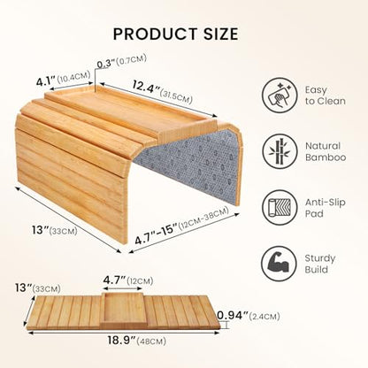 Sofa Arm Tray,Bamboo Folding Couch Arm Tray,Sofa Armrest Trays with Anti-Slip Pad for Drinks,Snacks,Phone,Remote Control（Natural） - color: Natural