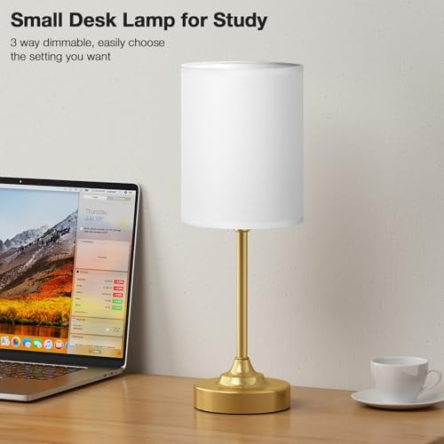Fenmzee Gold Nightstand Bedroom Lamp - 3 Way Dimmable Bedside Lamp, Small Table Lamp Linen Lampshade for Office Desk, LED Bulb Included - color: White Shade-Gold Base, size: 14" Touch Control
