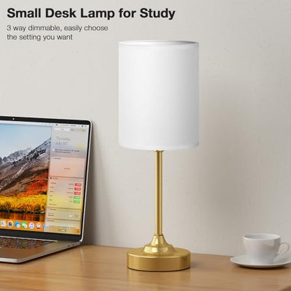 Gold Nightstand Bedroom Lamp - 3 Way Dimmable Bedside Lamp, Small Table Lamp Linen Lampshade for Office Desk, LED Bulb Included - color: White Shade-Gold Base, size: 14" Touch Control