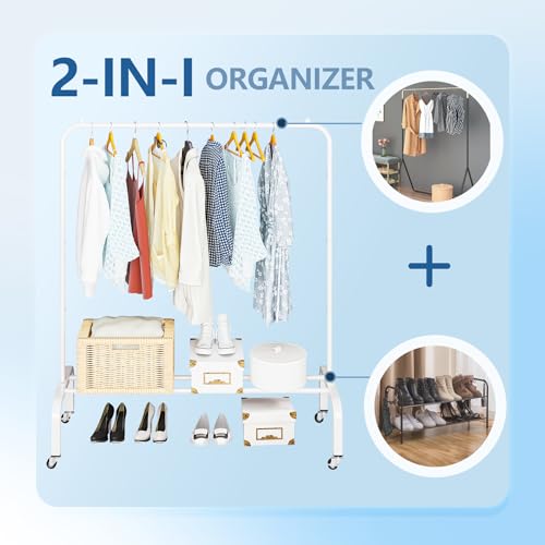 Metal Clothing Rack with Wheels, 43.3 Inches Rolling Clothes Garment Coat Rack with Bottom Shelf, Clothing Rack for Hanging Clothes, Coats, Skirts, Shirts, Sweaters, White - color: White, size: 43.3"W x 15.75"D x 61"H with wheels
