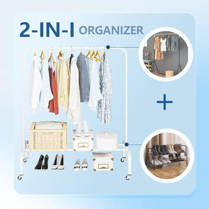 Metal Clothing Rack with Wheels, 43.3 Inches Rolling Clothes Garment Coat Rack with Bottom Shelf, Clothing Rack for Hanging Clothes, Coats, Skirts, Shirts, Sweaters, White - color: White, size: 43.3"W x 15.75"D x 61"H with wheels