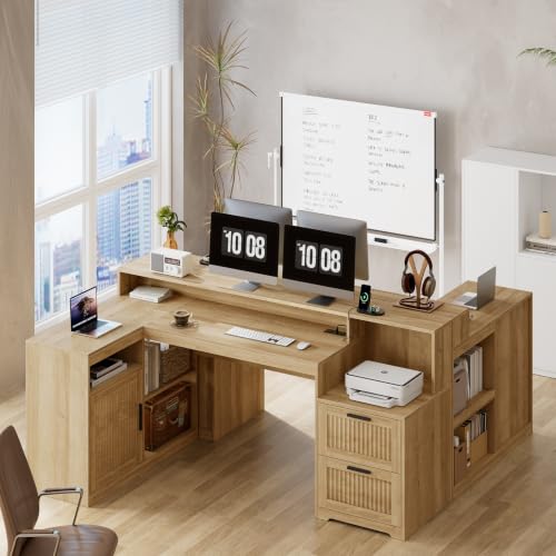 TVU Farmhouse L Shaped Desk with Drawers, 62.2" Home Office Desk with Storage Shelves and Power Outlet, L Shaped Computer Desk with Monitor Stand and Printer Shelf, Oak - color: Oak