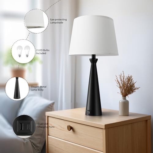 Seealle Modern Table Lamps Set of 2 - Touch Bedside Lamp for Nightstand with Dual USB C+A,3-Way Dimmable Black Nightstand Lamps for Living Room Bedroom End Table(Bulb Included) - color: A. Black-White