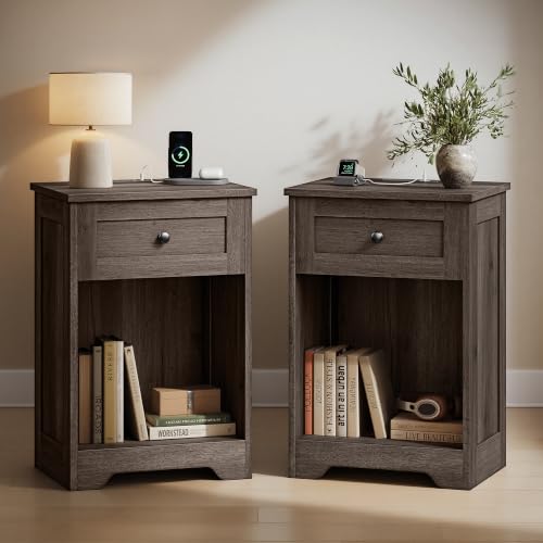 VASAGLE Traditional Basic Nightstand with Charging Station, Wood End Table with 1 Drawer and Open Shelf, 15.7 x 11.8 x 23.2 in, Taupe, for Bedroom, Siren Collection ULET828TA01S - color: Taupe, size: 2 pack