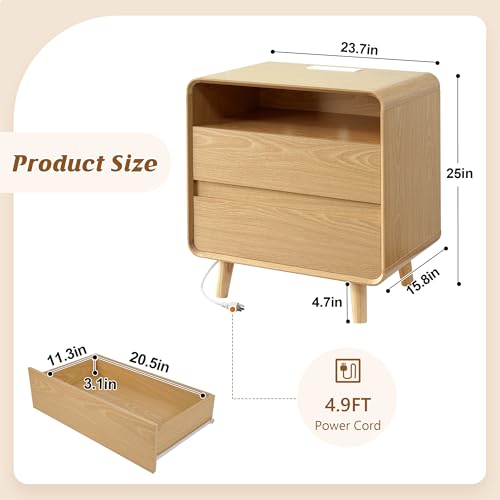 Nasonet Modern Nightstand with Charging Station, Wood End Tables Bedroom Nightstands with Drawers, Wide Curved Bedside Table for Kids Bedroom, Living Room, Oak - color: Oak, size: 2 Drawers