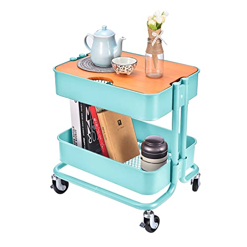 Melody House 2-Tier Metal Utility Rolling Cart, Storage Side End Table with Cover Board - color: A- Turquoise-1