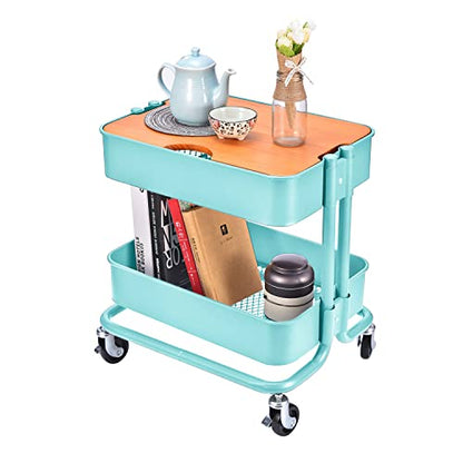 Melody House 2-Tier Metal Utility Rolling Cart, Storage Side End Table with Cover Board - color: A- Turquoise-1