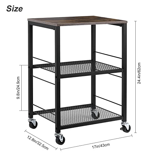 MOOACE 3 Tier End Table with Wheel, Rolling Kitchen Cart Storage Shelf | Small Side Table Nightstand, Kitchen Utility Cart Table Stand for Bedroom Living Room Office Balcony - color: Brown