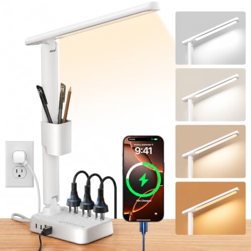 LED Desk Lamp with Power Strip, 3 AC Outlets, 4 USB Ports, Stepless Dimming | 2800K-6500K Color, 2 USB-C, Foldable Design, Timer & Memory, Study, Home Office & College Dorm, 10FT Cord - color: White, 10FT