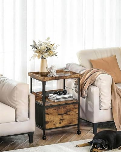 Faesun Swivel Lift Top Nightstand with Charging Station, Rolling Night Stand with Fabric Drawer, Adjustable Bedside Table for Bedroom, Living Room, Brown, Pro - color: 01 - Brown (Tray Top), size: 1 Drawer