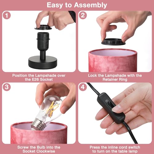 Fenmzee Small Table Lamp for Bedroom - Inline Control, Bedside Lamp with 3000K A15 LED Blub, Easy Assembly (Pink Shade - Black Base, 9" Inline Control) - color: Pink Shade - Black Base