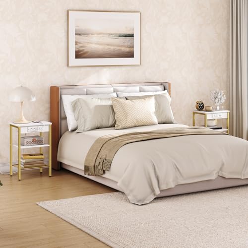 HOOBRO Side Tables Set of 2 with Charging Station and USB Port, Small End Tables for Small Space, 3-Tier Nightstands with Adjustable Shelf, for Living Room, Bedroom, White and Gold DW112BZP201G1 - color: White + Gold