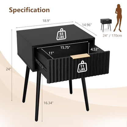 VINGLI Nightstands Set of 2, Fluted Night Stand with Drawer, Bedside Table, Wood Nightstand for Bedroom, Mid Century Modern End Tables, Black, 18.9" W*14.96" D*24" H - color: Black, size: 19"W-1 Drawer