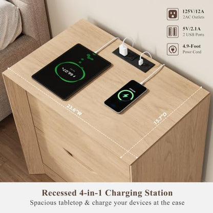 YANSNWO Natural Oak Nightstand with Charging Station, 23.6" Modern Bedside Table with Thickened Frame & Unique Panel, Mid Century Wood End Table for Bedroom, Living Room - color: Natural Oak, size: 15.6"D x 23.6"W x 23.6"H (2 Drawers)