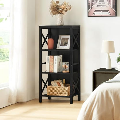 MNEETRUNG Small Bookshelf,4 Tier Industrial Bookcase with Metal Frame and Backboard,Narrow Black Book Shelf,Office Book case for Small Spaces,Living Room,Bedroom and Home Office - color: Black, size: 4-Tier (15.7"W x 11"D x 39.5"H)