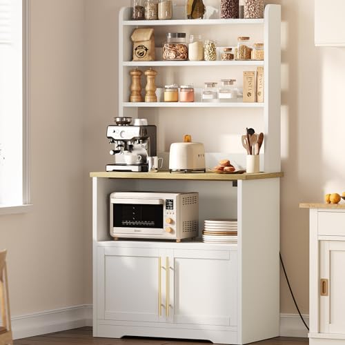IDEALHOUSE Bakers Rack with Storage Cabinet, Microwave Stand with Power Outlets, Farmhouse Bakers Rack with Thick Table Top, Small Kitchen Bakers Rack for Kitchen,Dining Room,White & Peer Wood - color: White & Peer Wood, size: with 2 Wood Door