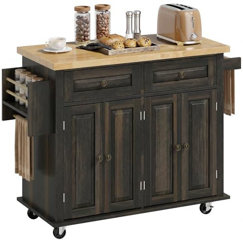HOMCOM Kitchen Island Cart with Solid Wood Top 44" Mobile Brown Oak | Kitchen Island Table, on Wheels, Storage Cabinets, 2 Drawers, Adjustable Shelves, Spice Rack & Towel Bar, for Dining Room - color: Brown Oak