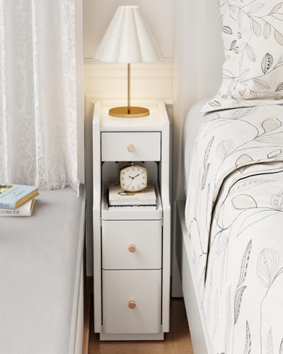 Solid Wood Narrow Nightstand with 3 Drawers,Modern White,Fully Assembled | Narrow night stand,gold handles,open Shelf,skinny bedside table,slim nightstand for bedroom storage,space-saving storage - color: White（15.75"d X 7.87"w X 23.62"h）