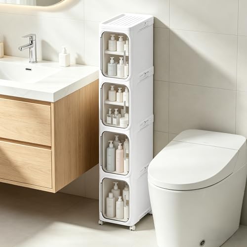 LXLXXL 4-Tier Narrow Storage Cabinet Slim Bathroom Storage Cabinet with Movable Wheels Tall Bathroom Organizer Skinny Cabinet for Small Spaces，White - color: White, size: 4-tier