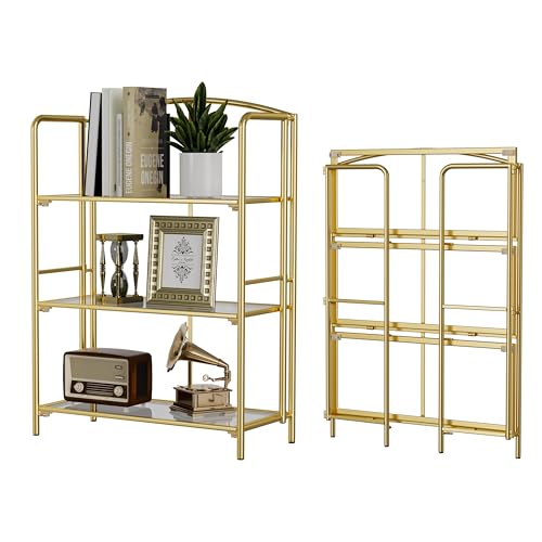 Crofy 3-Tier Wider Foldable Bookshelf, Gold Frame & Transparent Shelves | No-Assembly Collapsible Portable Storage Organizer; Sturdy Transparent Shelves; Ideal for Living Room & Home Office - color: Gold Frame & Transparent Shelf, size: 3 Tier Wider