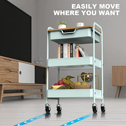 3 Tier Rolling Cart, Utility Cart with Drawer& Table Top, Mint Green | Metal Rolling Kitchen Storage Organizer Cart with Locking Wheels for Bathroom, Office, Balcony, Living Room, Classroom - color: Light Green