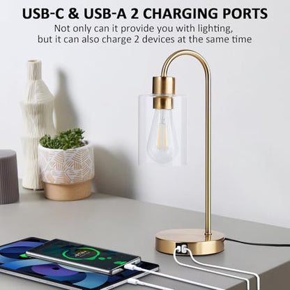 Gold Table Lamp with USB Port, 3 Way Dimmable Touch Control Bedside Lamp, Modern Nightstand Lamp with Glass Shade, Industrial Table Lamp for Bedroom Office, USB A & C, LED Bulb Included - size: 1 Pack