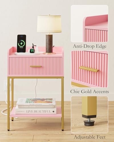 Nightstand with Charging Station, 3-Tier Bed Side Table, Small End Table, Night Stand with Open Shelf and Drawer, Bedside Table for Bedroom, Living Room, Pink - color: Pink, style: With Charging Station