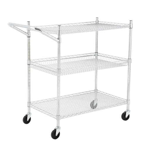 TrailBlaze Kitchen Utility Cart, 3-Tier Wire Rolling Utility Cart, Stainless Steel Service Cart w/Wheels and Adjustable Storage Rack Handle - for Laundry, Garage, Bathroom - Low Handle - size: 3-Tiers low handle