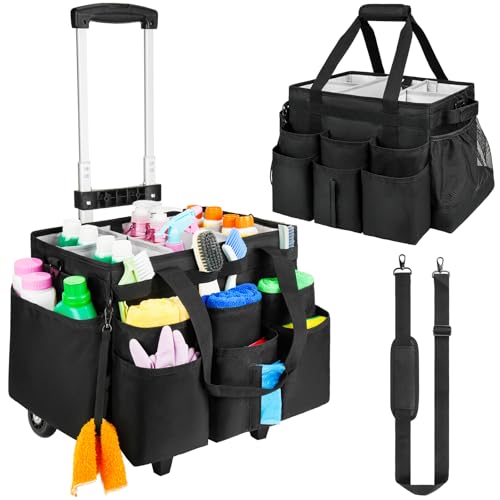 Large Rolling Cleaning Caddy Bag with Detachable Trolley,Cleaning Cart on Wheels with Shoulder Strap,Cleaning Supplies Organizer for Housekeepers,Black - color: Black