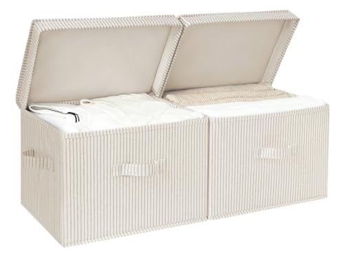 StorageWorks Fabric Storage Bins with Lid, Decorative Storage Boxes for Shelves, Stackable Closet Organizer Basket with Handles, Large, Khaki and Beige Stripes, 2-Pack - color: Khaki and Beige Stripes, size: Large