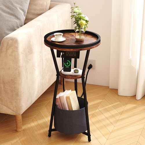 Yusong Round Side Table with Charging Station, Small Drink Table for Small Spaces, 3-Tier Industrial End Table, Accent Nightstand Bedside Table for Living Room, Bedroom, Sofa Couch, Rustic Brown - color: Rustic Brown, size: 3 Tier (Charging Station)