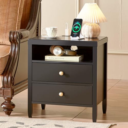 Huuger Black Nightstand Set of 2, Night Stand with Charger Station, Bedside Table with 2 Drawers, Bed Side Tables for Bedroom, Modern Nightstands, Metal Knobs, Painted Surface - color: Black
