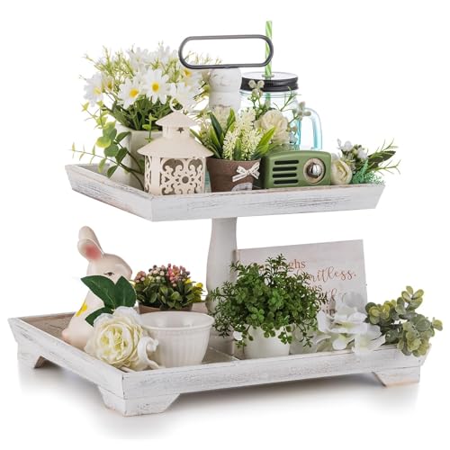 Hanobe 2 Tiered Decorative Tray Stand for Coffee Table Decor | Farmhouse Large White Wood Display Stands for Kitchen Counter Decorations - color: White