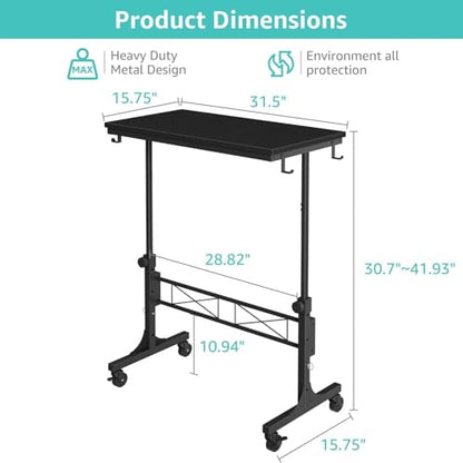 WINAZ Small Portable Rolling Standing Desk - 32 Inch Adjustable Height Mobile Teacher Podium on Wheels for Classroom, Stand Up Desks for Treadmill Walking Pad, Couch Sofa Side Laptop Table, Black - color: Black