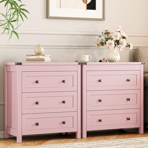 Xixini Farmhouse Nightstand with 3 Storage Drawers, 27.55" Wide Wood Bedside Table, Modern Side Table with Metal Handle, End Table for Bedroom, Pink - color: Pink