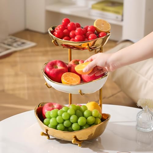 YYW 3 Tier Fruit Bowl for Kitchen Counter, White Gold Silver Ceramic Fruit Stand for Countertop, Home Fruit Rack with Metal Holder, Vegetable Snacks Nuts Bread Candy Storage (Gold (Smooth)) - color: Gold (Smooth)
