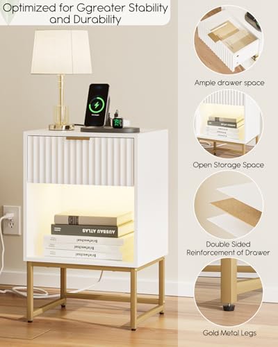 Masupu Fluted Nightstand with Charging Station and LED Lights,Modern Night Stand Wood Bedside Table with Storage Drawer Side End Table for Bedroom, Office,White - color: Light-white