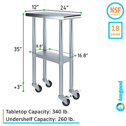 AmGood 12" Long x 24" Deep Stainless Steel Table with Casters - size: 12" Long x 24" Deep