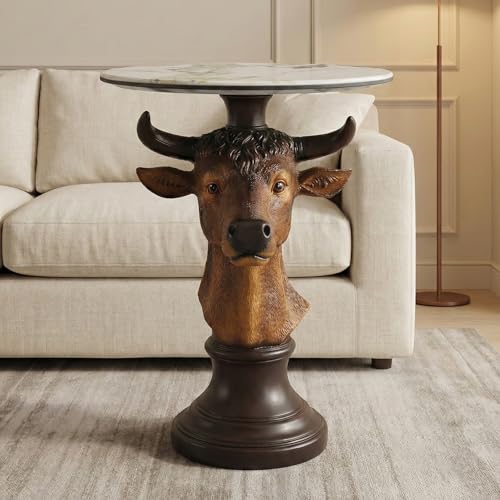Bull Side Table, Unique Resin Animal Base End Table with Faux Marble Top, Decorative Statement Piece for Farmhouse Rustic Decor, Brown - color: Cow - Brown Realistic