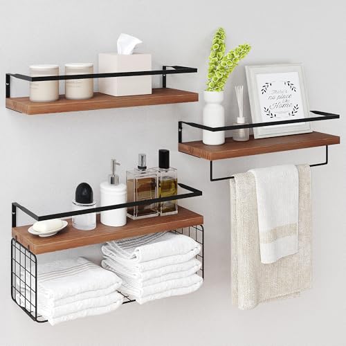Wood Floating Shelves Wall Mounted - 3+1 Tier Rustic Bathroom Shelves Over Toilet with Wire Storage Basket &Towel Bar, Set of 3 Farmhouse Floating Shelf for Bathroom,Kitchen,Bedroom,Dark Brown. - color: 3-tier Dark Brown Bathroom Shelves, size: 3-Tier