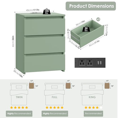 Keyluv 3 Drawers Nightstand Set of 2 with Charging Station, Modern Bedside Table with USB Ports, Sofa Side Table Night Stand with Storage, Sturdy End Table for Bedroom/Living Room/Home Office, Green - color: Green