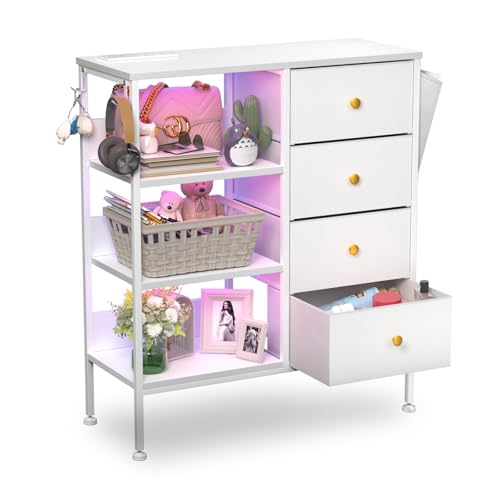 Nightstand with Charging Station, Bedside Table with 4 Drawers and 3-Tier Shelf, White Dresser, LED End Table with Wooden Top for Bedroom, Office, Living Room, Hallway-White