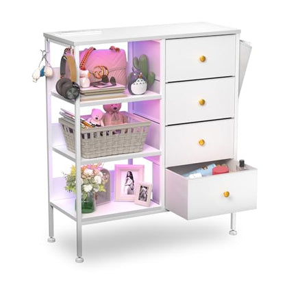 Nightstand with Charging Station, Bedside Table with 4 Drawers and 3-Tier Shelf, White Dresser, LED End Table with Wooden Top for Bedroom, Office, Living Room, Hallway-White